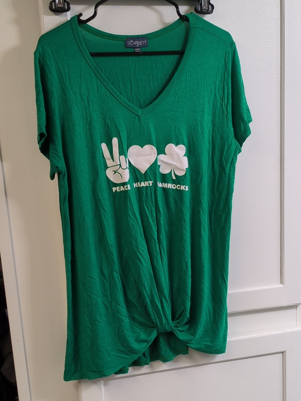 Scarlett Green V-Neck Tee with White Peace Heart Shamrocks Graphic